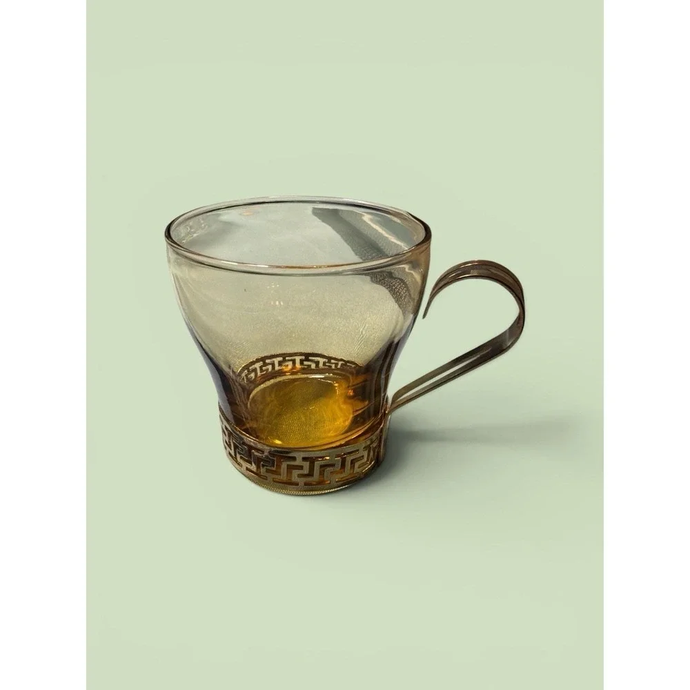 Vintage Amber Glass Cup with Greek Key Gold Tone Metal Base and Handle Espresso